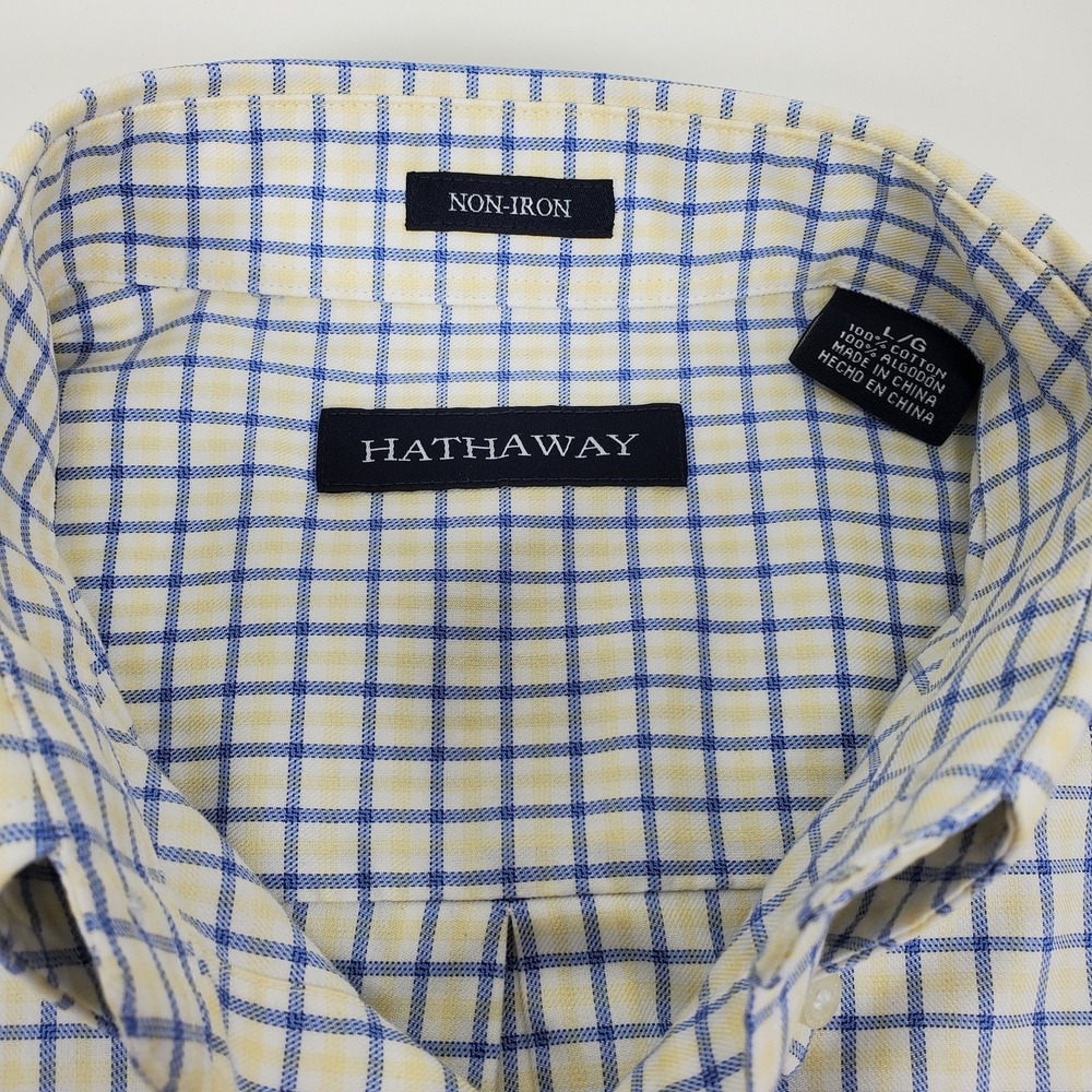HATHAWAY Men's Size Large Non-Iron Yellow Blue Check Button Down *Read* - Picture 4 of 12